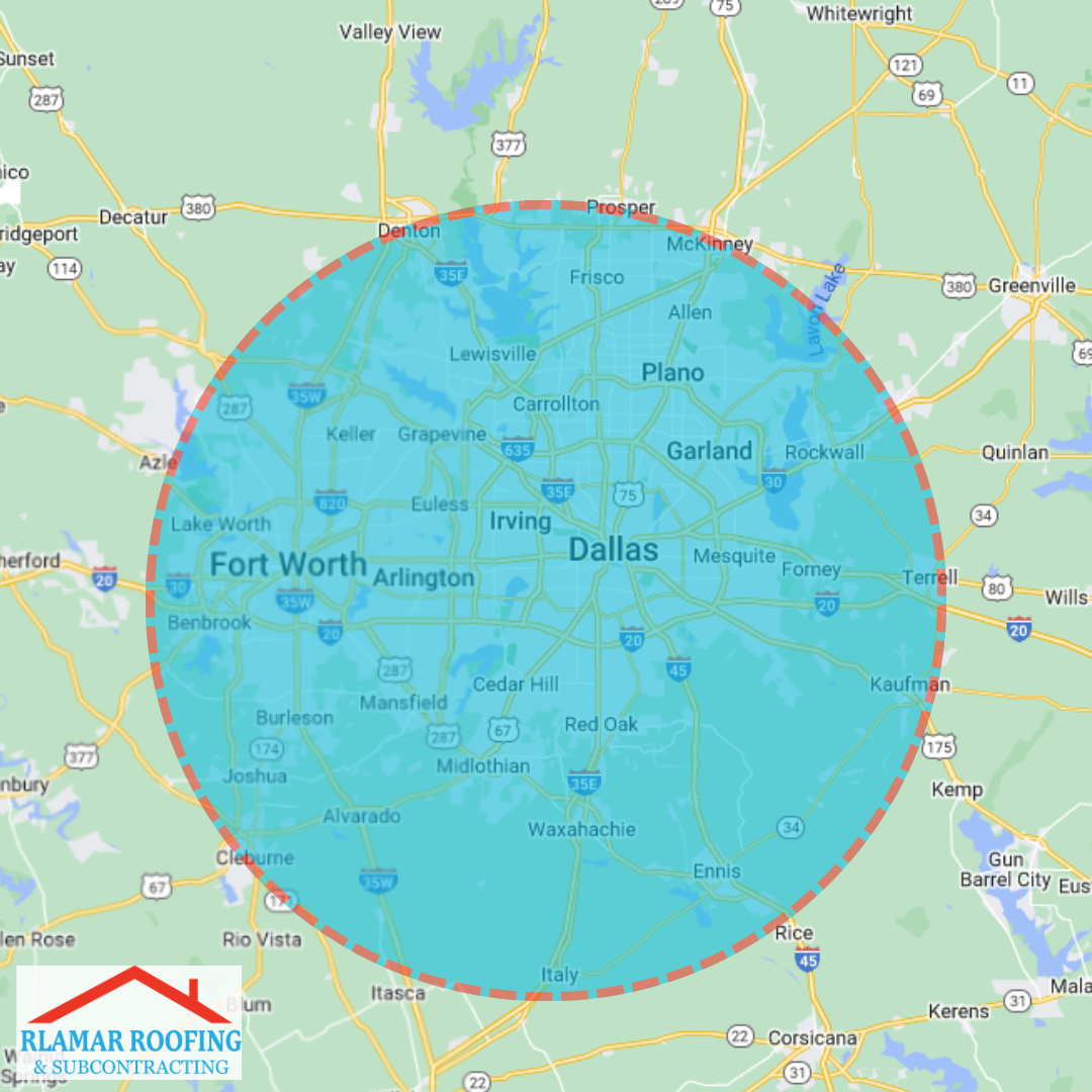 Map of R Lamar Roofing & Subcontracting Service Areas indicating service in the greater Dallas-Forth Worth Metroplex. 